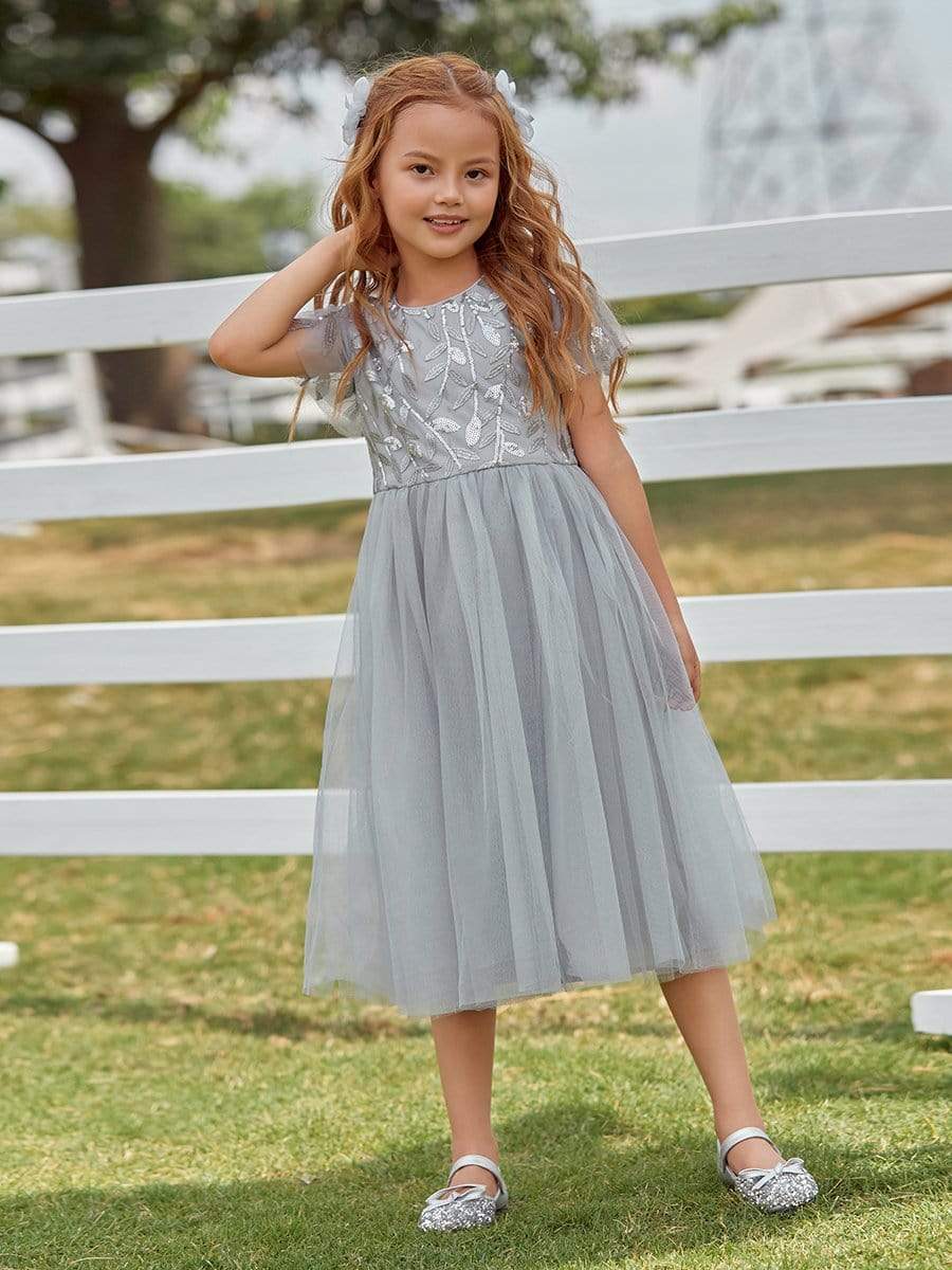 Color=Grey | Cute A-Line Round Neck Tulle Flower Girl Dress With Sequin-Grey 2 Color=Grey | Cute A-Line Round Neck Tulle Flower Girl Dress With Sequin-Grey 2