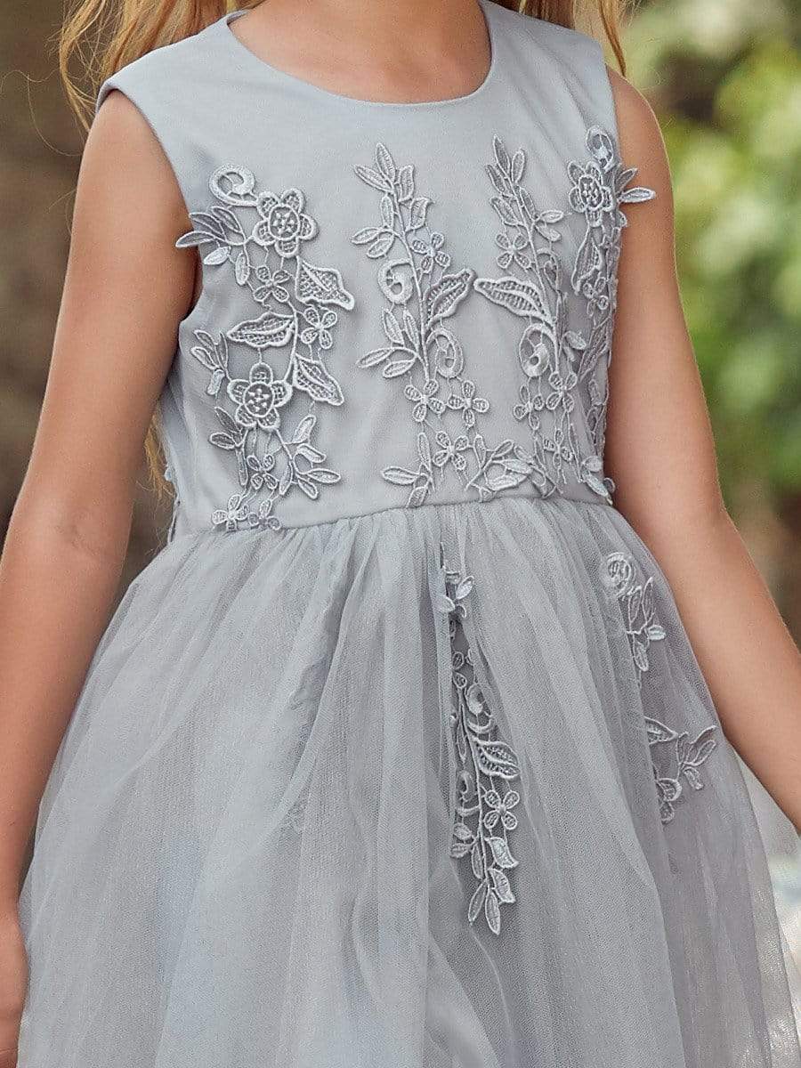 Color=Grey | Lovely A-Line Tulle Floral Appliqued Flower Girl Dress For Wedding-Grey 5 Color=Grey | Lovely A-Line Tulle Floral Appliqued Flower Girl Dress For Wedding-Grey 5