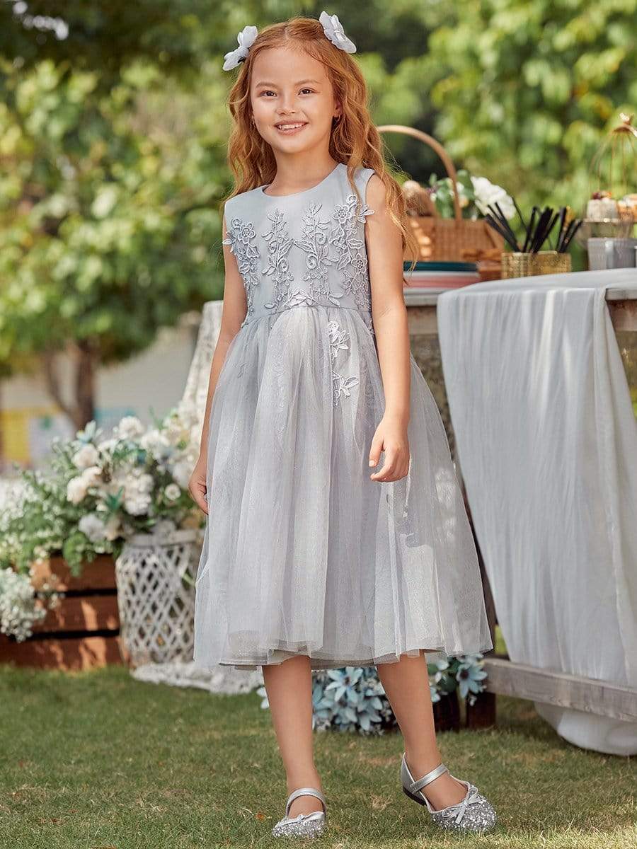Color=Grey | Lovely A-Line Tulle Floral Appliqued Flower Girl Dress For Wedding-Grey 2 Color=Grey | Lovely A-Line Tulle Floral Appliqued Flower Girl Dress For Wedding-Grey 2