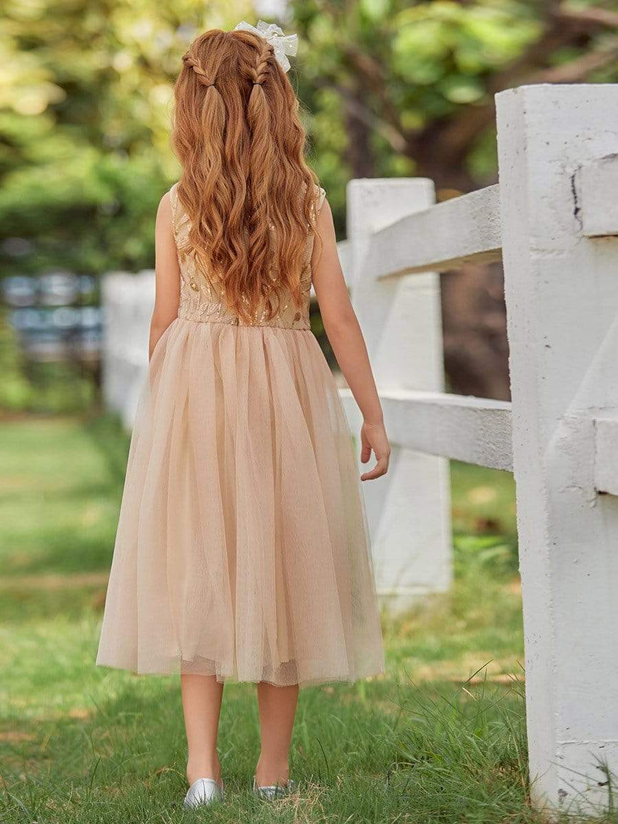Color=Gold | Dainty Sleeveless Tulle Flower Girl Dress For Wedding With Sequin-Gold 2 Color=Gold | Dainty Sleeveless Tulle Flower Girl Dress For Wedding With Sequin-Gold 2