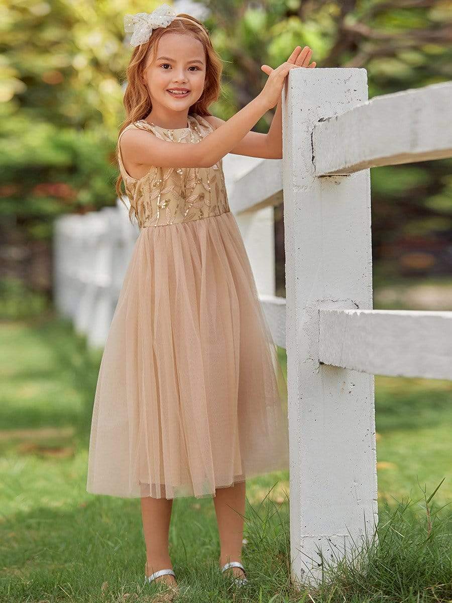 Color=Gold | Dainty Sleeveless Tulle Flower Girl Dress For Wedding With Sequin-Gold 4 Color=Gold | Dainty Sleeveless Tulle Flower Girl Dress For Wedding With Sequin-Gold 4
