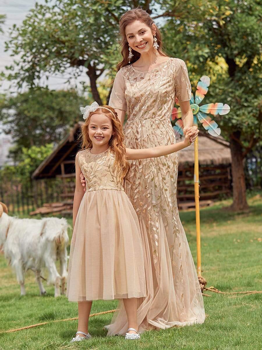 Color=Gold | Dainty Sleeveless Tulle Flower Girl Dress For Wedding With Sequin-Gold 6 Color=Gold | Dainty Sleeveless Tulle Flower Girl Dress For Wedding With Sequin-Gold 6