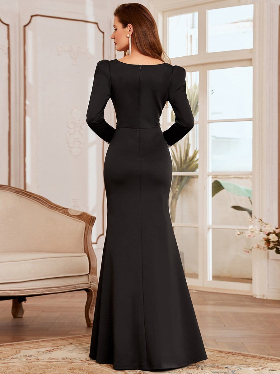 Color=Black | Bodycon Sweetheart Neckline Fishtail Evening Dress With Long Sleeves-Black 2 Color=Black | Bodycon Sweetheart Neckline Fishtail Evening Dress With Long Sleeves-Black 2