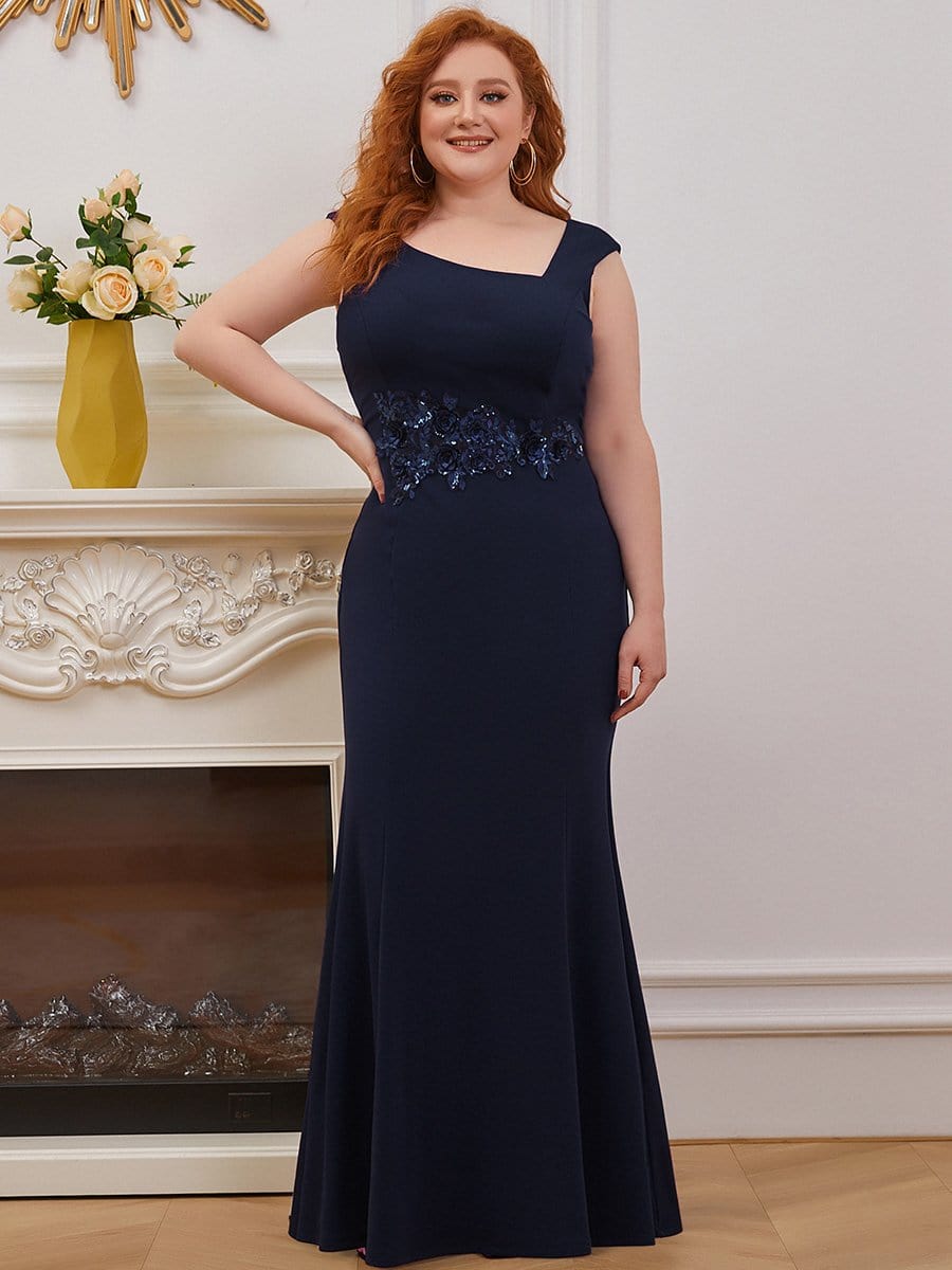 Color=Navy Blue | Plus Size Floral Applique Bodycon Elegant Fishtail Floor Length Mother Of The Bride Dress-Navy Blue 1 Color=Navy Blue | Plus Size Floral Applique Bodycon Elegant Fishtail Floor Length Mother Of The Bride Dress-Navy Blue 1