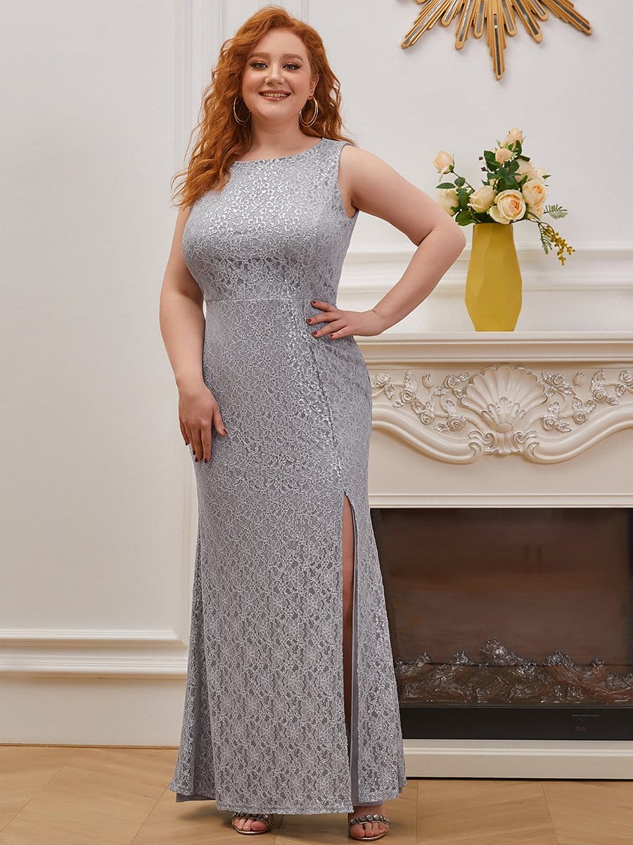 Color=Grey | Elegant Plus Size Maxi Lace Mother Of Bride Dress With High Split-Grey 2 Color=Grey | Elegant Plus Size Maxi Lace Mother Of Bride Dress With High Split-Grey 2