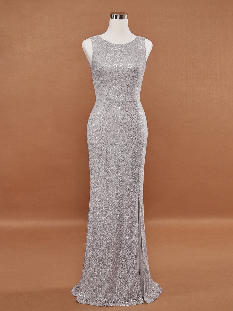 Color=Grey | Elegant Sleeveless Round-Neck Split Lace Maxi Mother Of Bride Dress-Grey 7 Color=Grey | Elegant Sleeveless Round-Neck Split Lace Maxi Mother Of Bride Dress-Grey 7