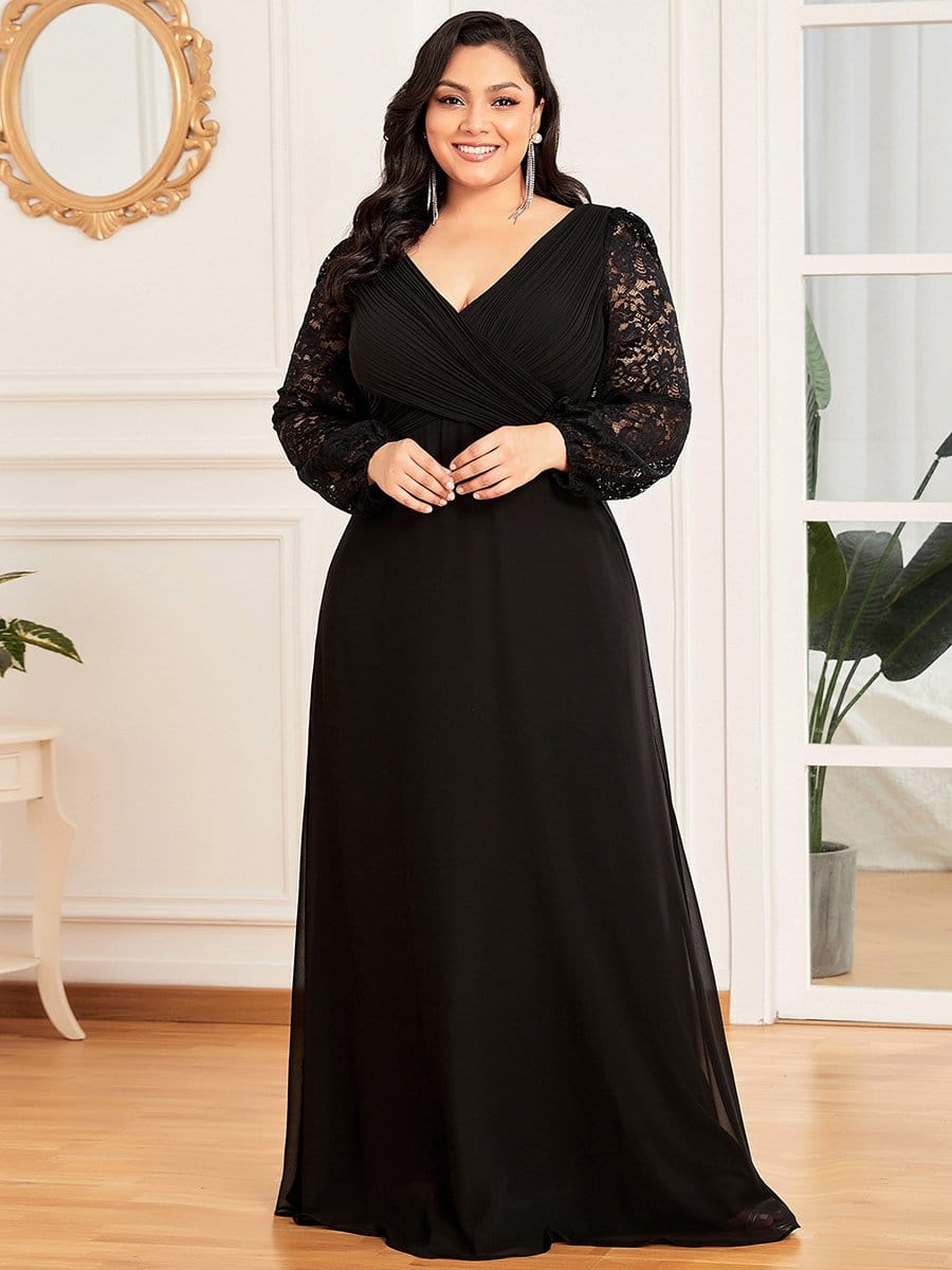 Color=Black | Plus Size Long Sleeves Deep V Embroidered Formal Long Dress-Black 1 Color=Black | Plus Size Long Sleeves Deep V Embroidered Formal Long Dress-Black 1