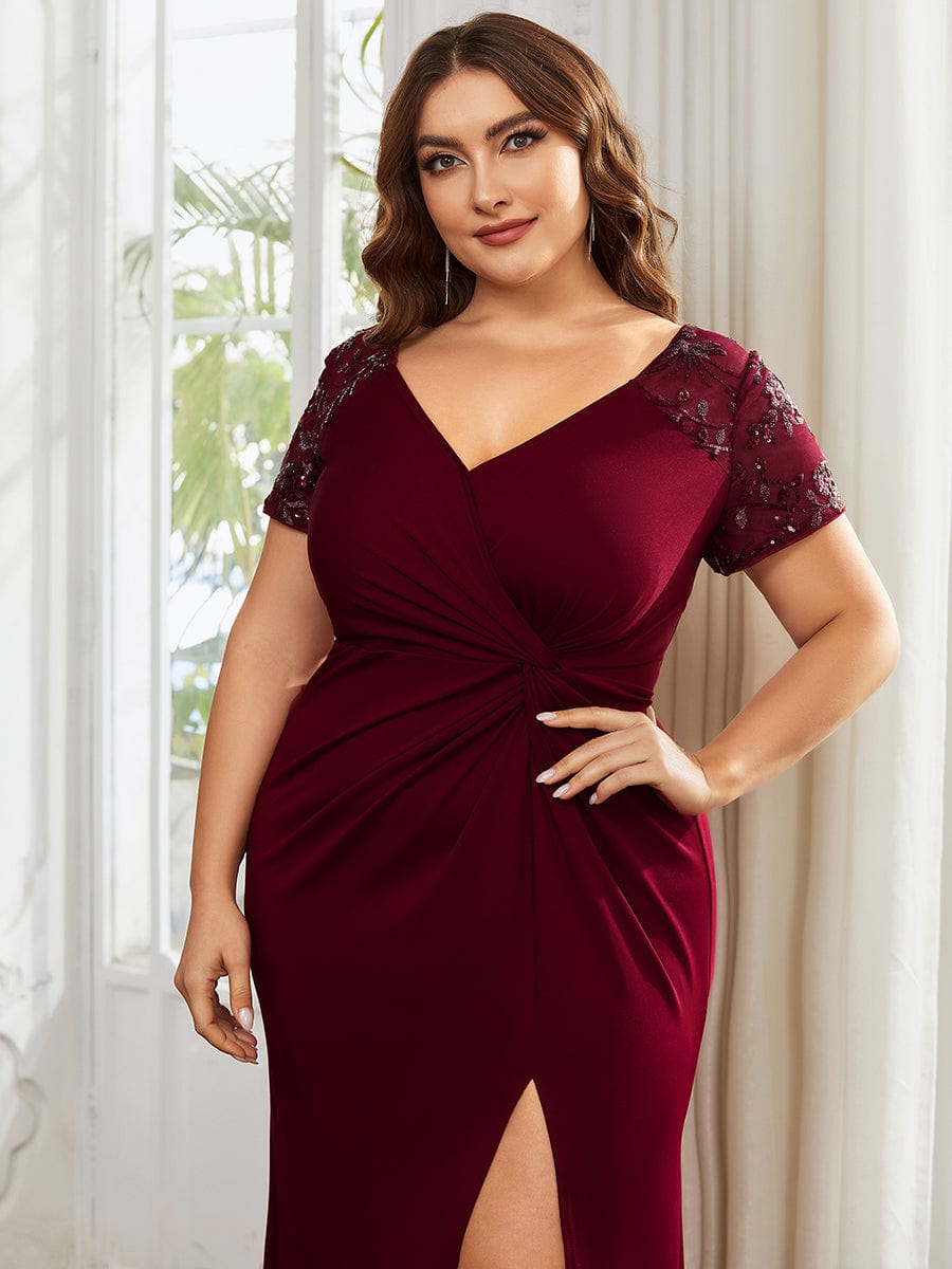 Short Sequin Sleeve V-Neck Front Slit Mother of the Bride Dress #Color_Burgundy Short Sequin Sleeve V-Neck Front Slit Mother of the Bride Dress #Color_Burgundy