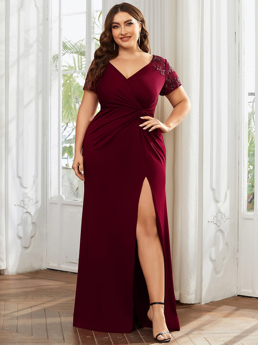 Short Sequin Sleeve V-Neck Front Slit Mother of the Bride Dress #Color_Burgundy Short Sequin Sleeve V-Neck Front Slit Mother of the Bride Dress #Color_Burgundy