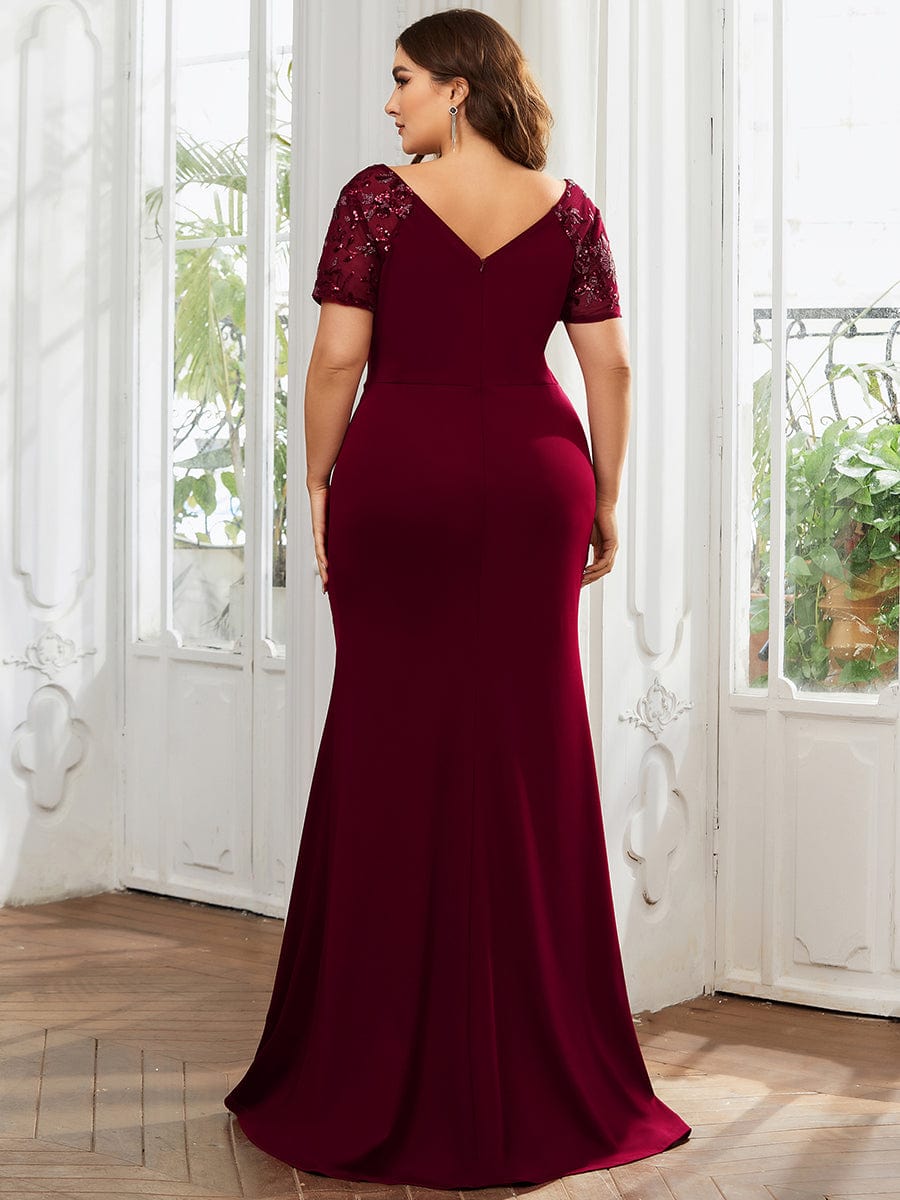 Short Sequin Sleeve V-Neck Front Slit Mother of the Bride Dress #Color_Burgundy Short Sequin Sleeve V-Neck Front Slit Mother of the Bride Dress #Color_Burgundy