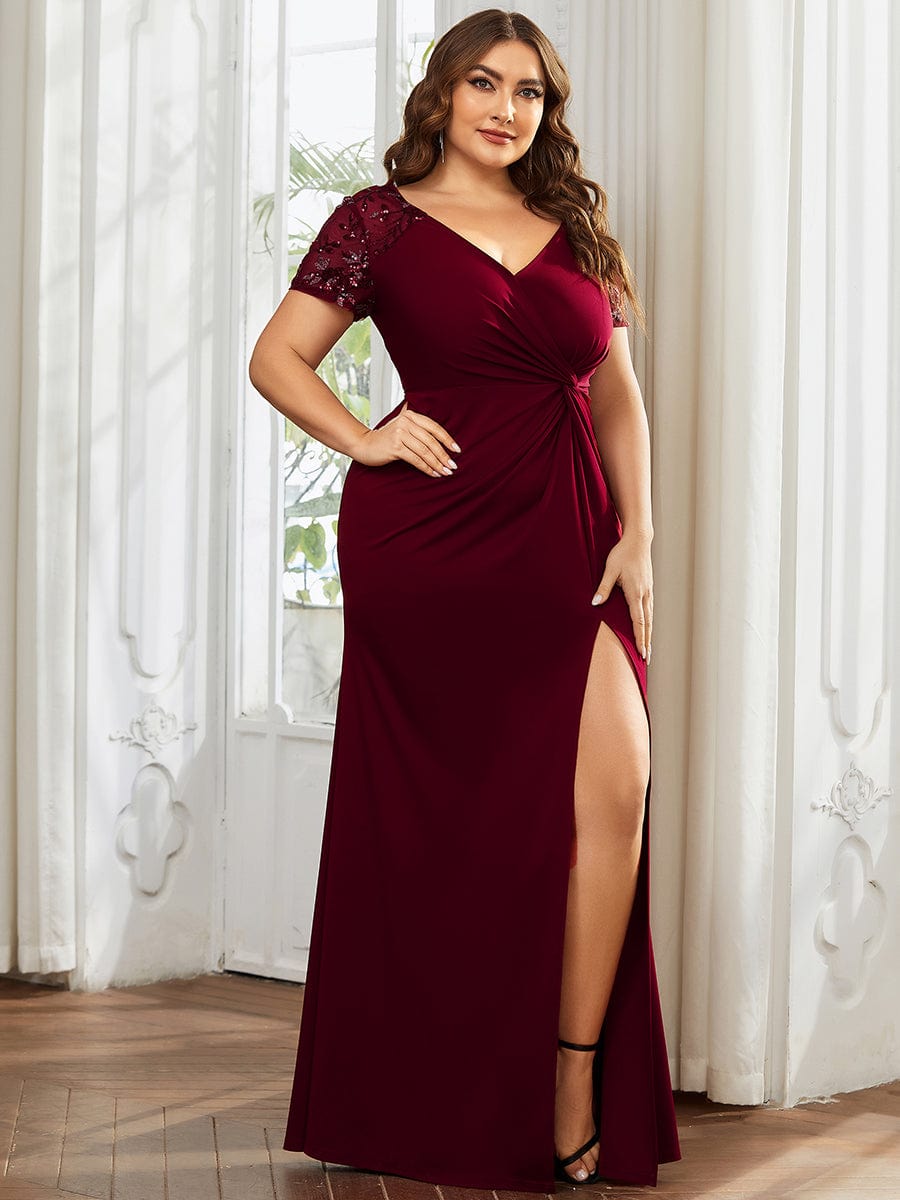 Short Sequin Sleeve V-Neck Front Slit Mother of the Bride Dress #Color_Burgundy Short Sequin Sleeve V-Neck Front Slit Mother of the Bride Dress #Color_Burgundy