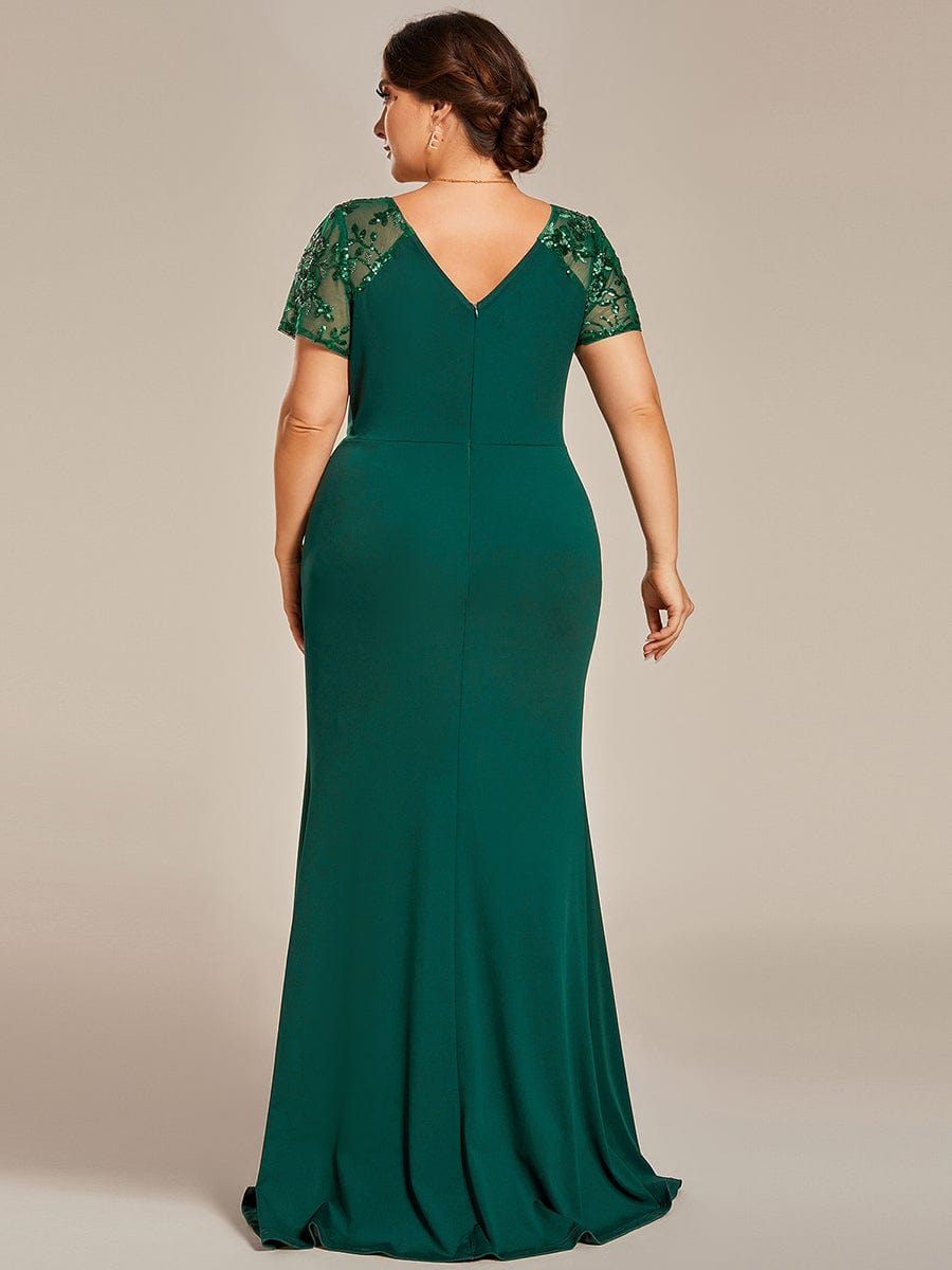 Short Sequin Sleeve V-Neck Front Slit Mother of the Bride Dress #Color_Dark Green Short Sequin Sleeve V-Neck Front Slit Mother of the Bride Dress #Color_Dark Green