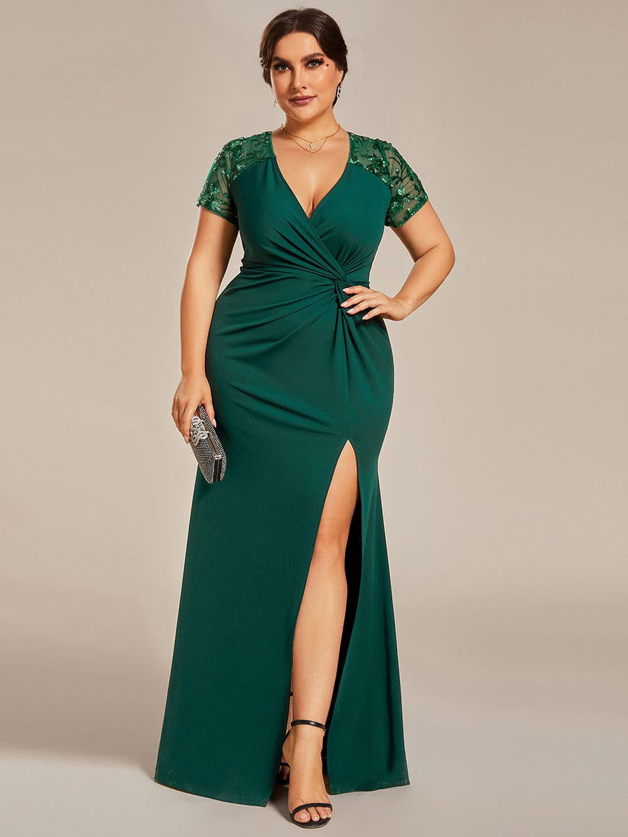 Short Sequin Sleeve V-Neck Front Slit Mother of the Bride Dress #Color_Dark Green Short Sequin Sleeve V-Neck Front Slit Mother of the Bride Dress #Color_Dark Green
