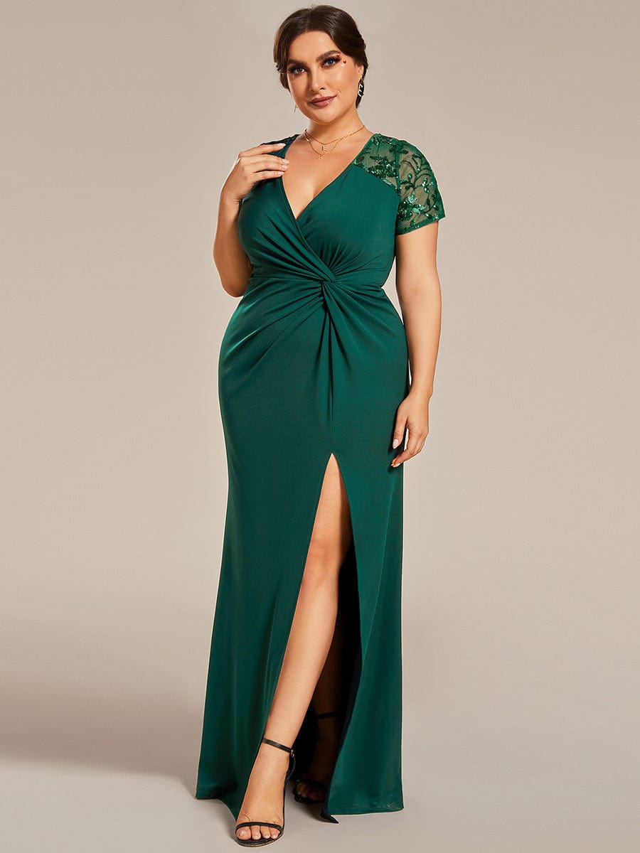 Short Sequin Sleeve V-Neck Front Slit Mother of the Bride Dress #Color_Dark Green Short Sequin Sleeve V-Neck Front Slit Mother of the Bride Dress #Color_Dark Green