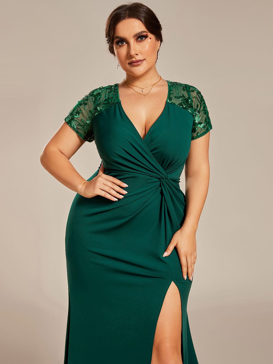 Short Sequin Sleeve V-Neck Front Slit Mother of the Bride Dress #Color_Dark Green Short Sequin Sleeve V-Neck Front Slit Mother of the Bride Dress #Color_Dark Green