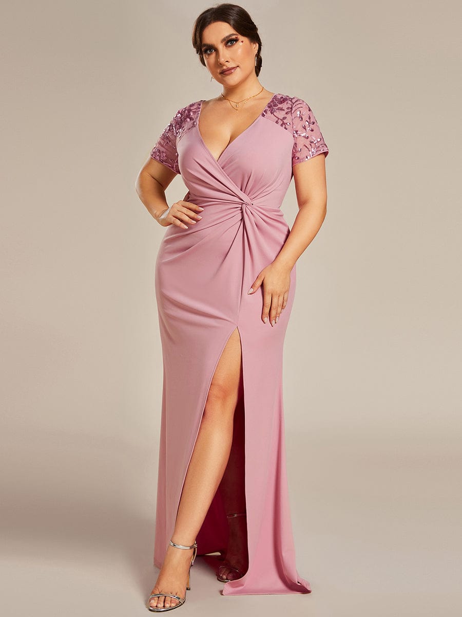 Short Sequin Sleeve V-Neck Front Slit Mother of the Bride Dress #Color_Dusty Rose Short Sequin Sleeve V-Neck Front Slit Mother of the Bride Dress #Color_Dusty Rose