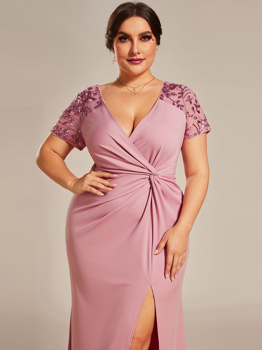 Short Sequin Sleeve V-Neck Front Slit Mother of the Bride Dress #Color_Dusty Rose Short Sequin Sleeve V-Neck Front Slit Mother of the Bride Dress #Color_Dusty Rose