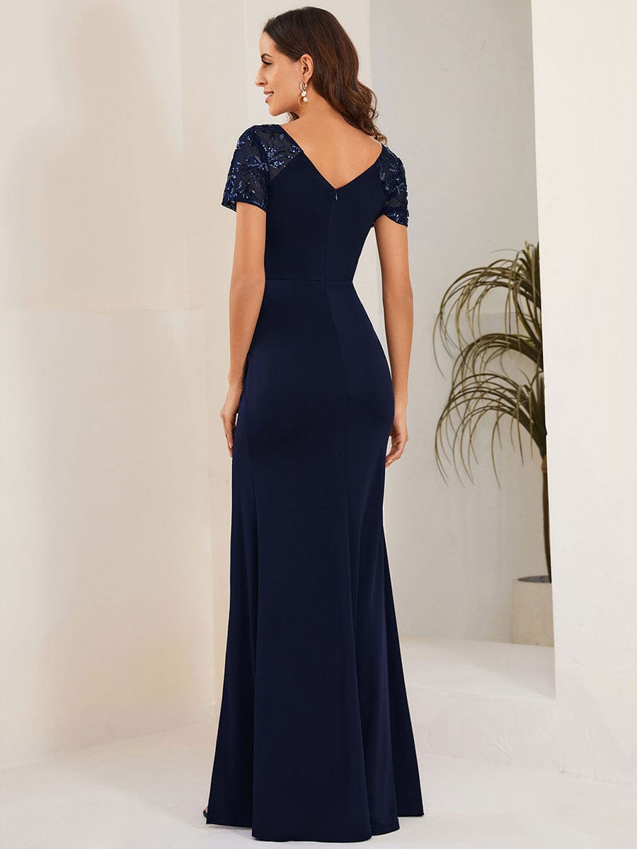 Short Sequin Sleeve V-Neck Front Slit Mother of the Bride Dress #Color_Navy Blue Short Sequin Sleeve V-Neck Front Slit Mother of the Bride Dress #Color_Navy Blue