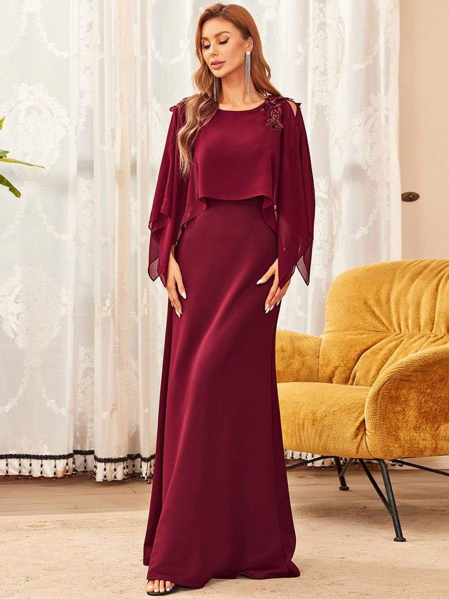 Color=Burgundy | Elegant Cape Applique A-Line Mother Of The Bride Dress-Burgundy 1 Color=Burgundy | Elegant Cape Applique A-Line Mother Of The Bride Dress-Burgundy 1