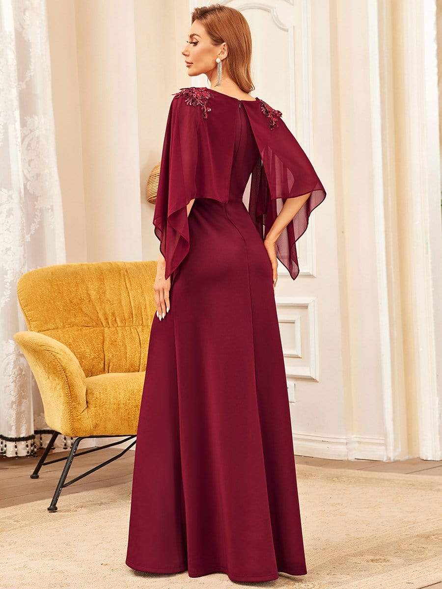 Color=Burgundy | Elegant Cape Applique A-Line Mother Of The Bride Dress-Burgundy 2 Color=Burgundy | Elegant Cape Applique A-Line Mother Of The Bride Dress-Burgundy 2