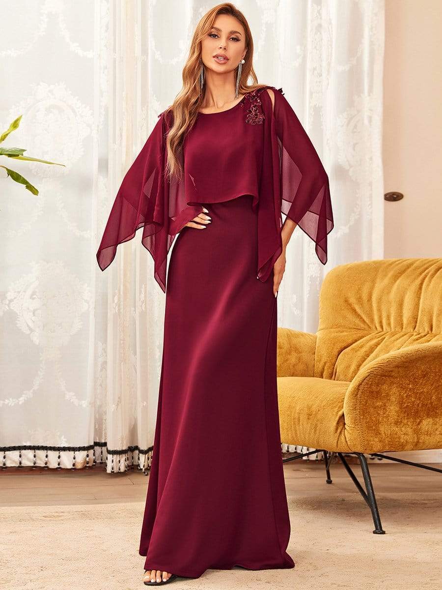 Color=Burgundy | Elegant Cape Applique A-Line Mother Of The Bride Dress-Burgundy 3 Color=Burgundy | Elegant Cape Applique A-Line Mother Of The Bride Dress-Burgundy 3