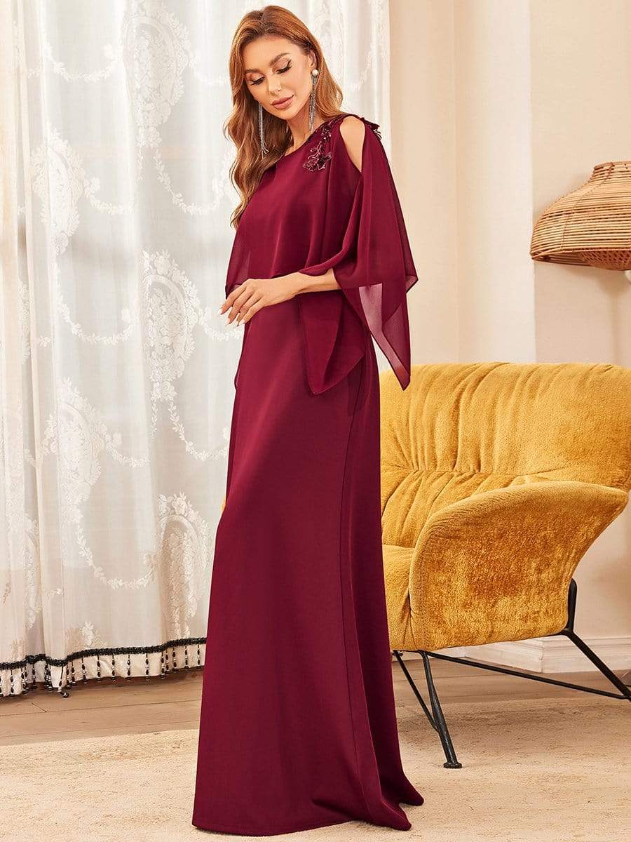 Color=Burgundy | Elegant Cape Applique A-Line Mother Of The Bride Dress-Burgundy 5 Color=Burgundy | Elegant Cape Applique A-Line Mother Of The Bride Dress-Burgundy 5