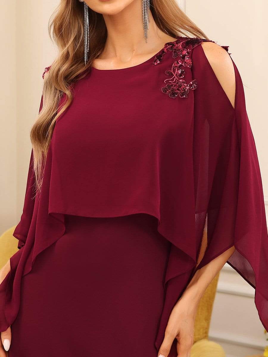 Color=Burgundy | Elegant Cape Applique A-Line Mother Of The Bride Dress-Burgundy 4 Color=Burgundy | Elegant Cape Applique A-Line Mother Of The Bride Dress-Burgundy 4