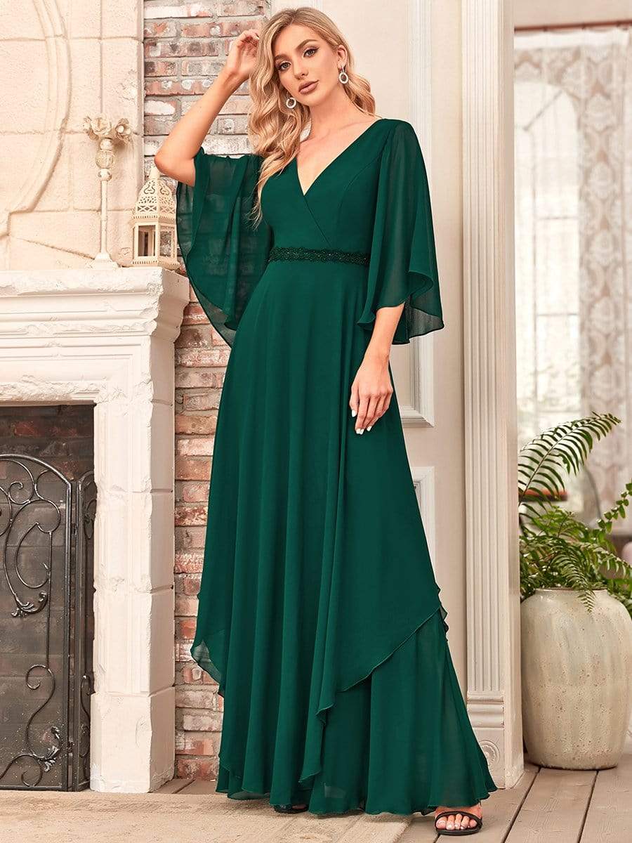 Color=Dark Green | Flutter Sleeve V-Neck Ruffle A-Line Mother Of The Bride Dress-Dark Green 2 Color=Dark Green | Flutter Sleeve V-Neck Ruffle A-Line Mother Of The Bride Dress-Dark Green 2