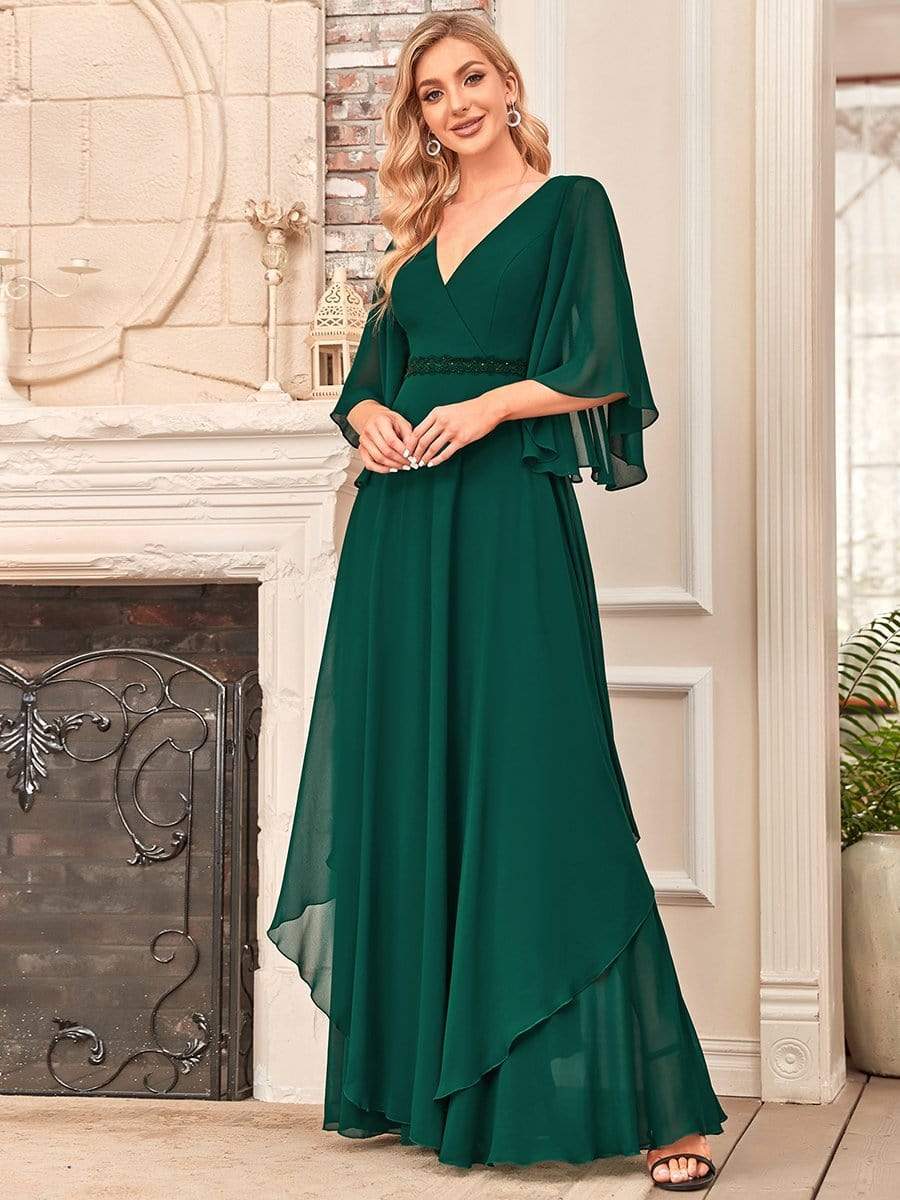 Color=Dark Green | Flutter Sleeve V-Neck Ruffle A-Line Mother Of The Bride Dress-Dark Green 3 Color=Dark Green | Flutter Sleeve V-Neck Ruffle A-Line Mother Of The Bride Dress-Dark Green 3