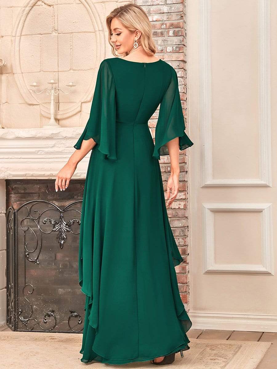 Color=Dark Green | Flutter Sleeve V-Neck Ruffle A-Line Mother Of The Bride Dress-Dark Green 4 Color=Dark Green | Flutter Sleeve V-Neck Ruffle A-Line Mother Of The Bride Dress-Dark Green 4
