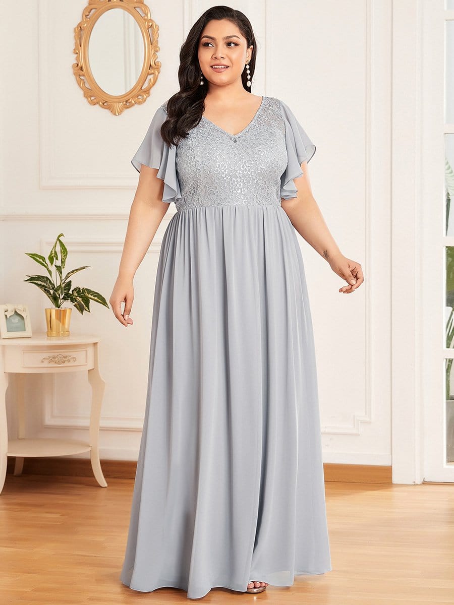 Color=Grey | Deep V Plus Size Flared Sleeves Embroidered Long Bridesmaid Dress-Grey 1 Color=Grey | Deep V Plus Size Flared Sleeves Embroidered Long Bridesmaid Dress-Grey 1