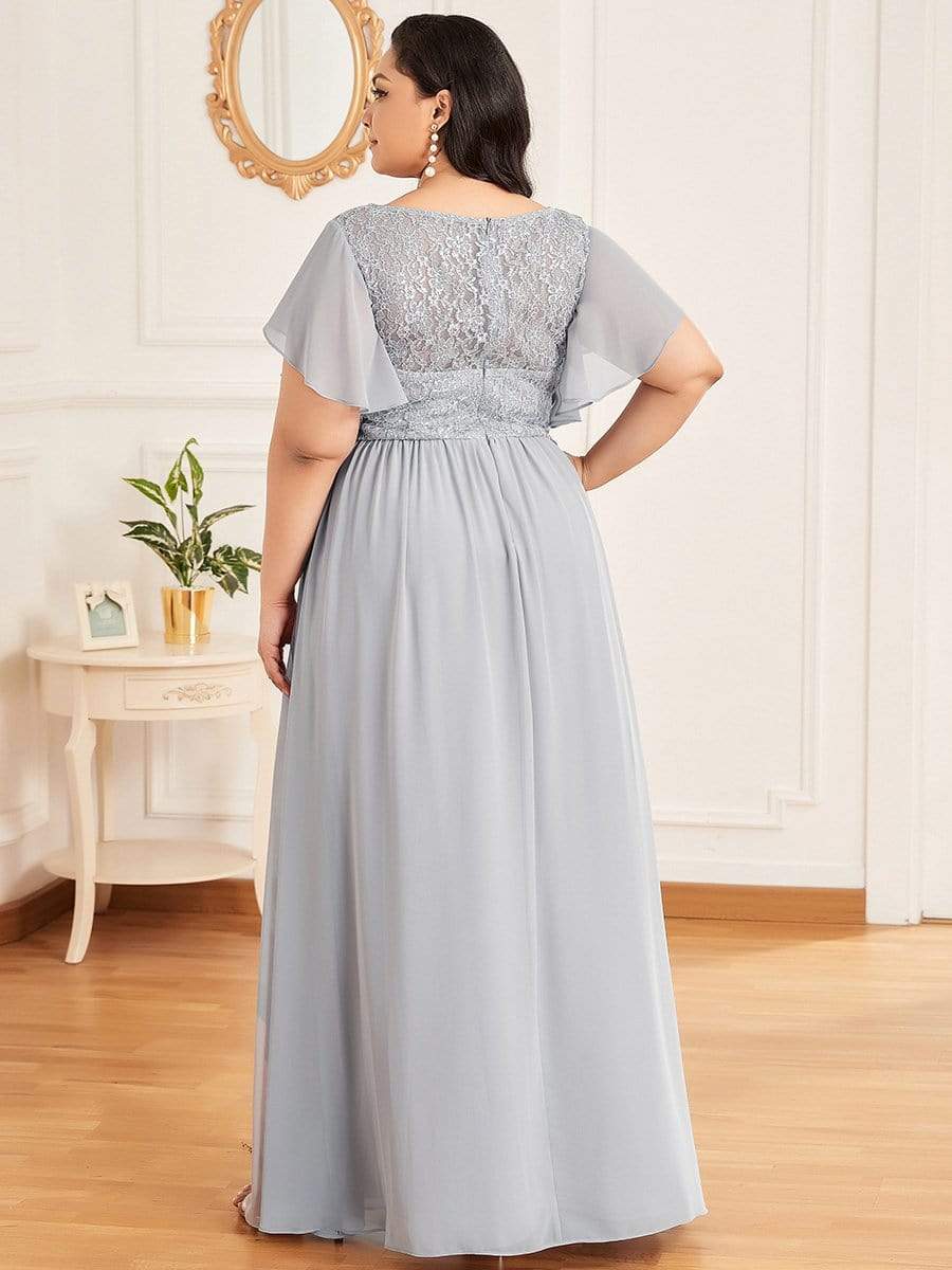 Color=Grey | Deep V Flared Sleeves Embroidered Long Mother of The Bride Dresses-Grey 7 Color=Grey | Deep V Flared Sleeves Embroidered Long Mother of The Bride Dresses-Grey 7