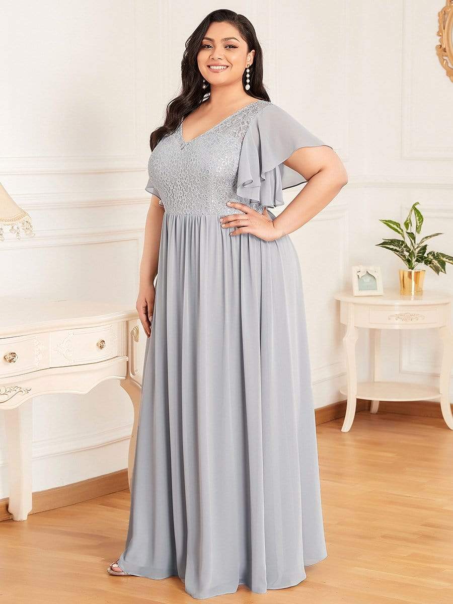 Color=Grey | Deep V Flared Sleeves Embroidered Long Mother of The Bride Dresses-Grey 6 Color=Grey | Deep V Flared Sleeves Embroidered Long Mother of The Bride Dresses-Grey 6