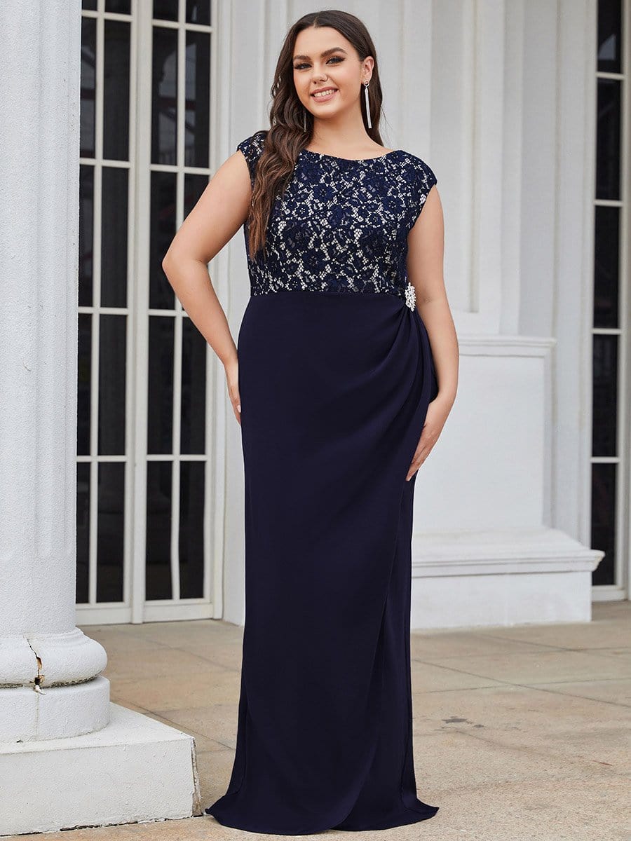 Color=Navy Blue | Plus Size Sleeveless Pleated Split Mother Of The Bride Dress-Navy Blue 1 Color=Navy Blue | Plus Size Sleeveless Pleated Split Mother Of The Bride Dress-Navy Blue 1
