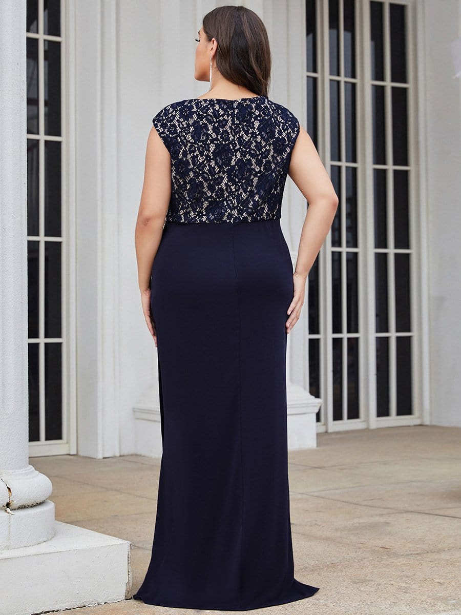 Color=Navy Blue | Plus Size Sleeveless Pleated Split Mother Of The Bride Dress-Navy Blue 2 Color=Navy Blue | Plus Size Sleeveless Pleated Split Mother Of The Bride Dress-Navy Blue 2
