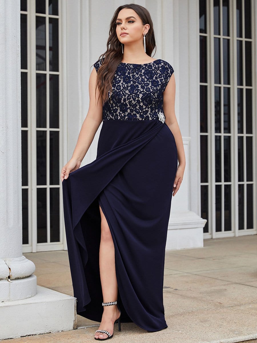 Color=Navy Blue | Plus Size Sleeveless Pleated Split Mother Of The Bride Dress-Navy Blue 6 Color=Navy Blue | Plus Size Sleeveless Pleated Split Mother Of The Bride Dress-Navy Blue 6