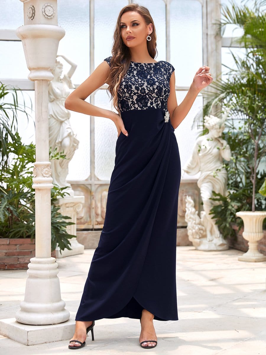 Color=Navy Blue | Generous Round Neck Pleated Long Mother Of The Bride Dress-Navy Blue 1
