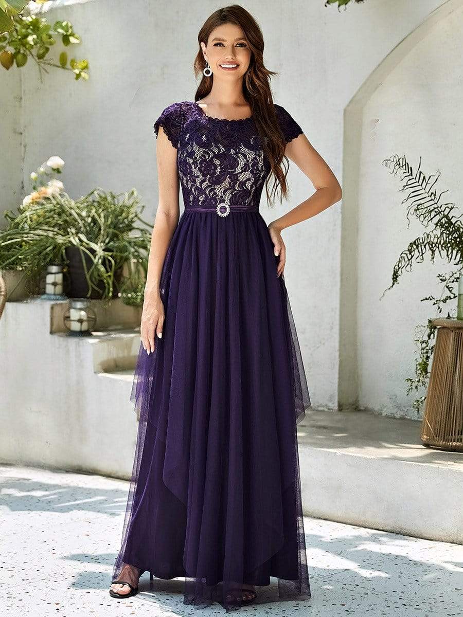 Color=Dark Purple | Round Neck Embroidered Short Sleeves Long Tulle Mother of The Bride Dress-Dark Purple 1 Color=Dark Purple | Round Neck Embroidered Short Sleeves Long Tulle Mother of The Bride Dress-Dark Purple 1