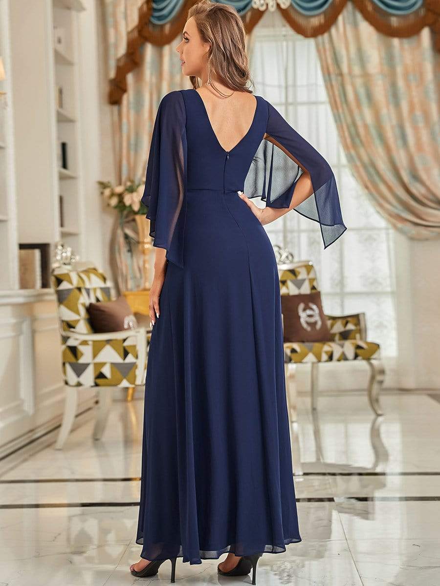 Color=Navy Blue | Chiffon Pleated Lotus Leaf Maxi Mother of The Bride Dresses-Navy Blue 2