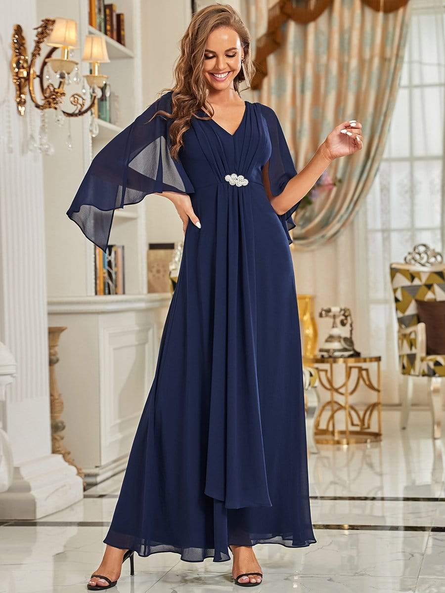 Color=Navy Blue | Chiffon Pleated Lotus Leaf Maxi Mother of The Bride Dresses-Navy Blue 1