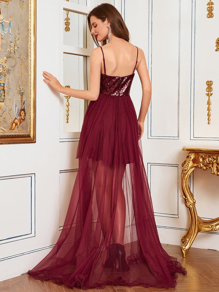 Color=Burgundy | Fancy A-Line Tulle High Low Hem Prom Dress-Burgundy 2 Color=Burgundy | Fancy A-Line Tulle High Low Hem Prom Dress-Burgundy 2