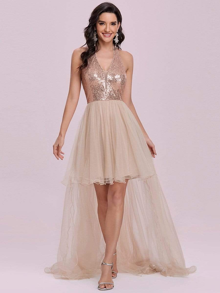 Color=Rose Gold | Fancy Asymmetric Halter Neck Sequin Tulle Prom Dress-Rose Gold 4 Color=Rose Gold | Fancy Asymmetric Halter Neck Sequin Tulle Prom Dress-Rose Gold 4