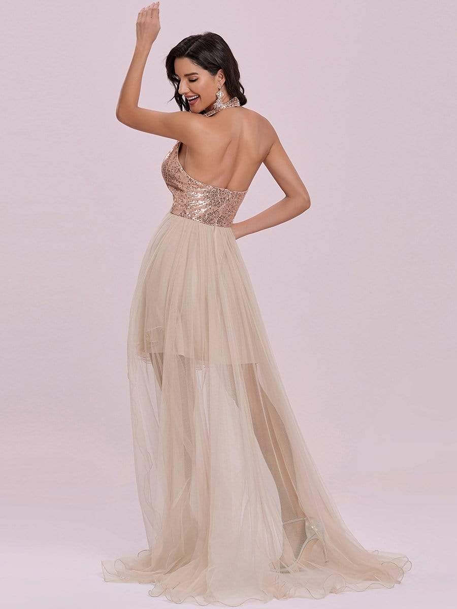 Color=Rose Gold | Fancy Asymmetric Halter Neck Sequin Tulle Prom Dress-Rose Gold 5 Color=Rose Gold | Fancy Asymmetric Halter Neck Sequin Tulle Prom Dress-Rose Gold 5