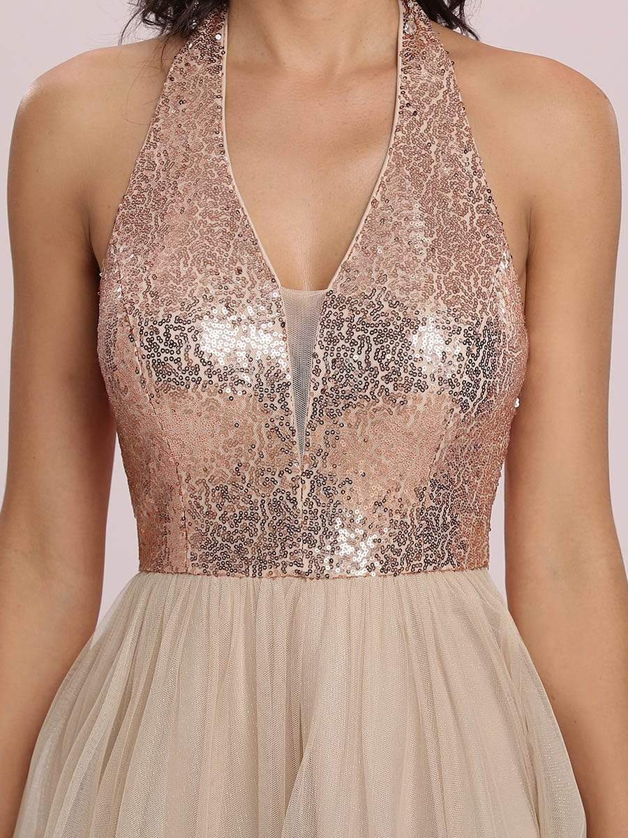 Color=Rose Gold | Fancy Asymmetric Halter Neck Sequin Tulle Prom Dress-Rose Gold 8 Color=Rose Gold | Fancy Asymmetric Halter Neck Sequin Tulle Prom Dress-Rose Gold 8