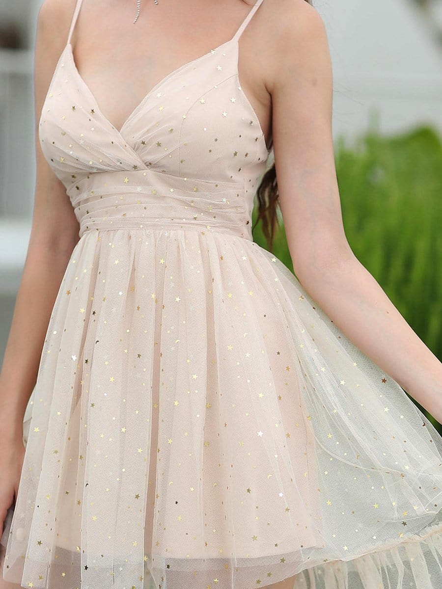 Color=Blush | Sexy Deep V Neck Spaghetti Strap Mid-Rib Layered Tulle Long Back Dress-Blush 3 Color=Blush | Sexy Deep V Neck Spaghetti Strap Mid-Rib Layered Tulle Long Back Dress-Blush 3