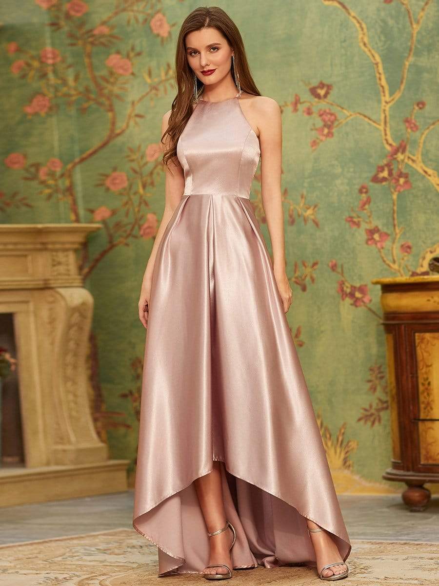 Romantic Halter Neck High Low Pleated Bridesmaid Dress