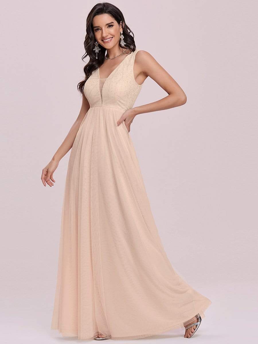 Color=Blush | Comfy Deep V Neck A-Line Tulle Prom Dress For Women-Blush 6 Color=Blush | Comfy Deep V Neck A-Line Tulle Prom Dress For Women-Blush 6