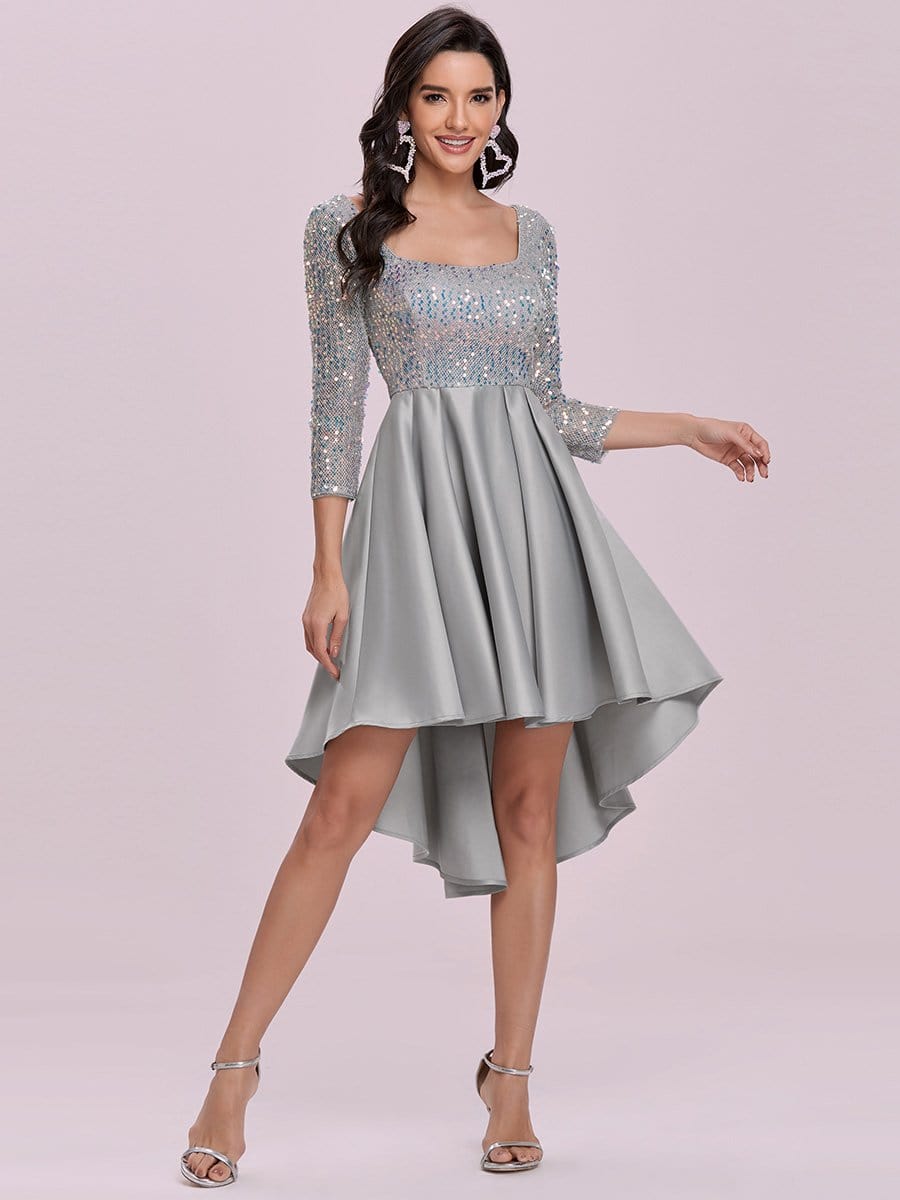 Color=Grey | Sparkling Long Sleeve Square Neckline Prom Dress-Grey 7 Color=Grey | Sparkling Long Sleeve Square Neckline Prom Dress-Grey 7