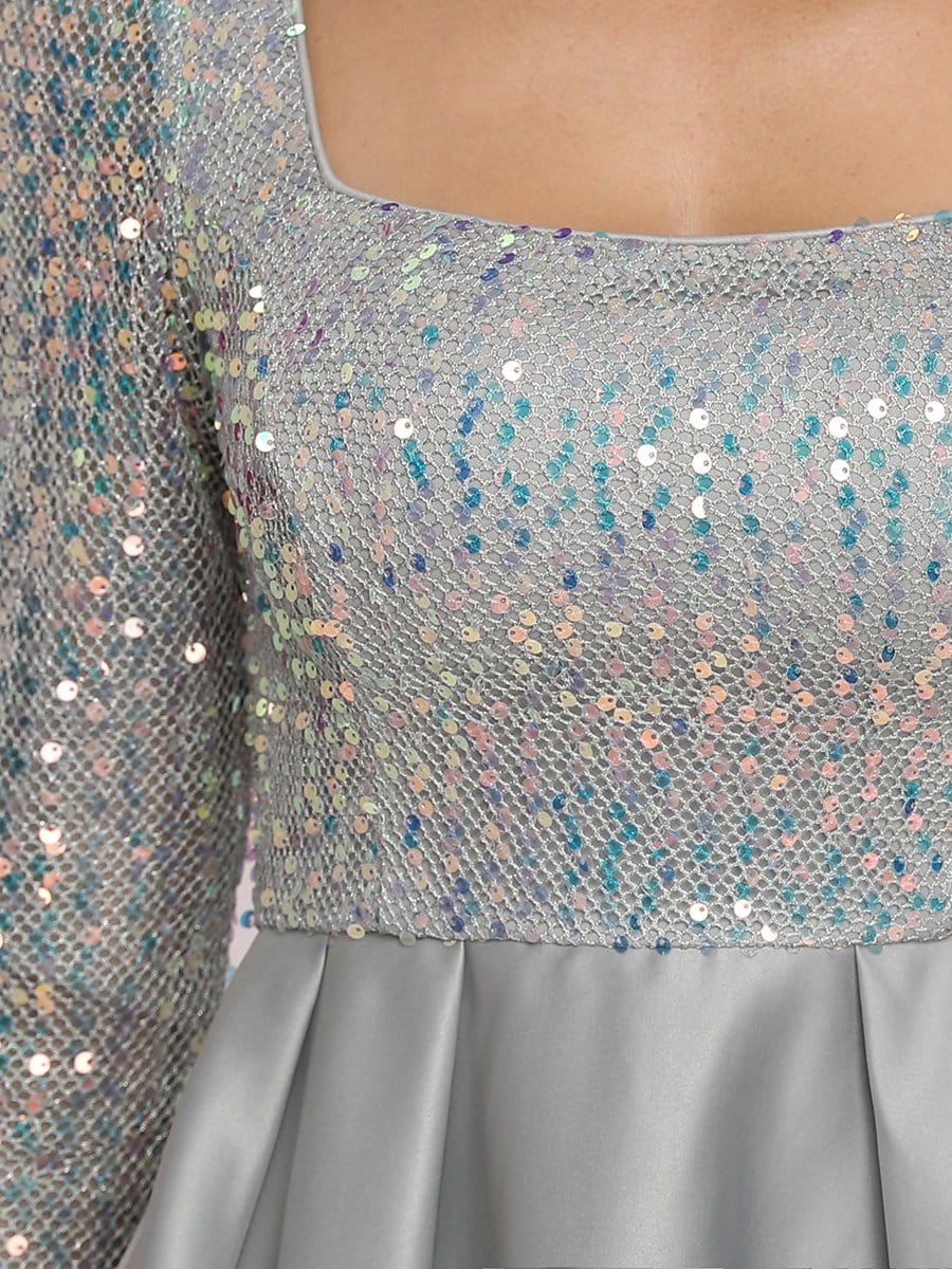 Color=Grey | Sparkling Long Sleeve Square Neckline Prom Dress-Grey 8 Color=Grey | Sparkling Long Sleeve Square Neckline Prom Dress-Grey 8
