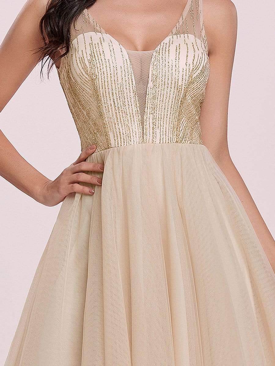 Color=Gold | Asymmetrical Deep V-neck Sleeveless Tulle Prom Dress-Gold 8 Color=Gold | Asymmetrical Deep V-neck Sleeveless Tulle Prom Dress-Gold 8